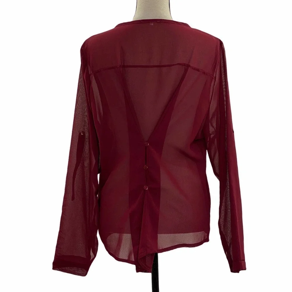 V-NECK Sheer Red Henley Button Blouse Size XXL - Picture 3 of 10